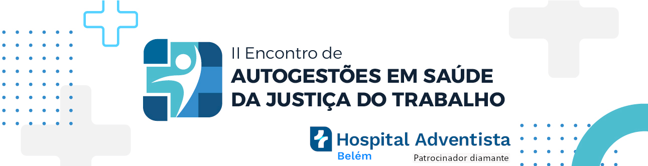 Banner do 2º (segundo) Encontro de Autogestões em Saúde da Justiça do Trabalho. O design apresenta um logotipo composto por formas geométricas em tons de azul e branco, simbolizando uma figura humana estilizada. O fundo é branco, com elementos gráficos como cruzes e pontos em azul claro, remetendo à área da saúde.